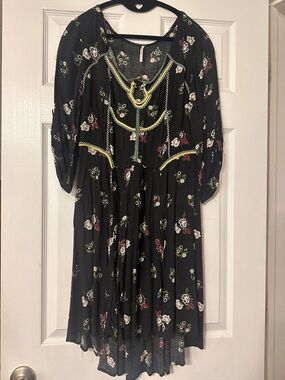 Free People Black Floral Midi Dress with Yellow Embroidered Trim